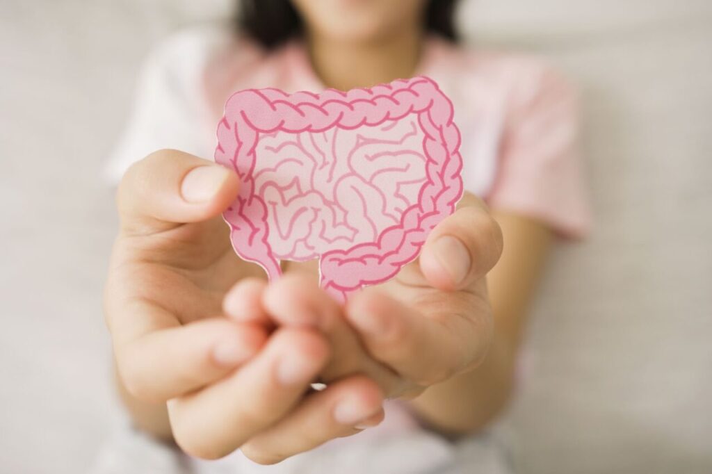 腸のイラストを持った女性の手元